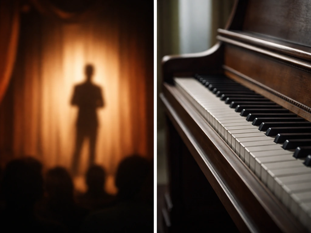 Minimal split-scene: vintage stage silhouette left, classic piano keys right, hinting actor vs pianist