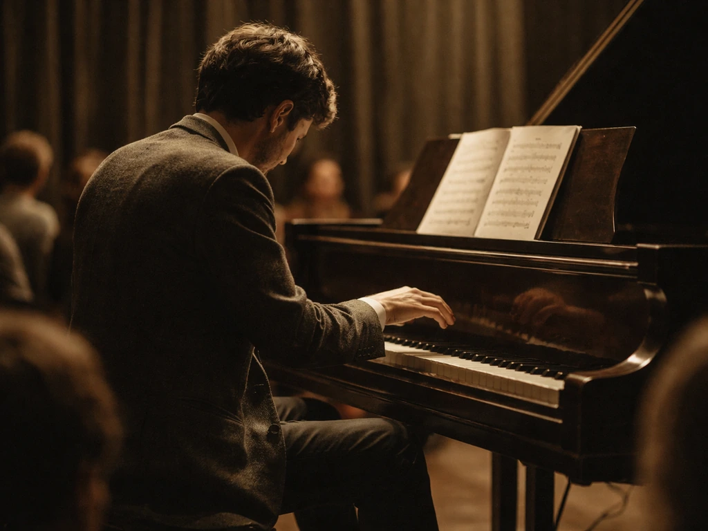 Anonymous pianist performing at an upright grand piano in a small recital hall.