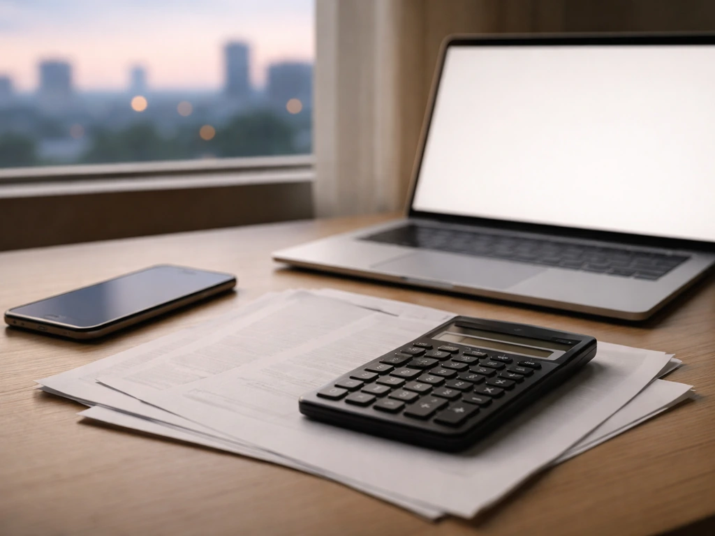 Close-up of scattered papers, calculator, and a laptop beside a dim city window showing conflicting money estimates.