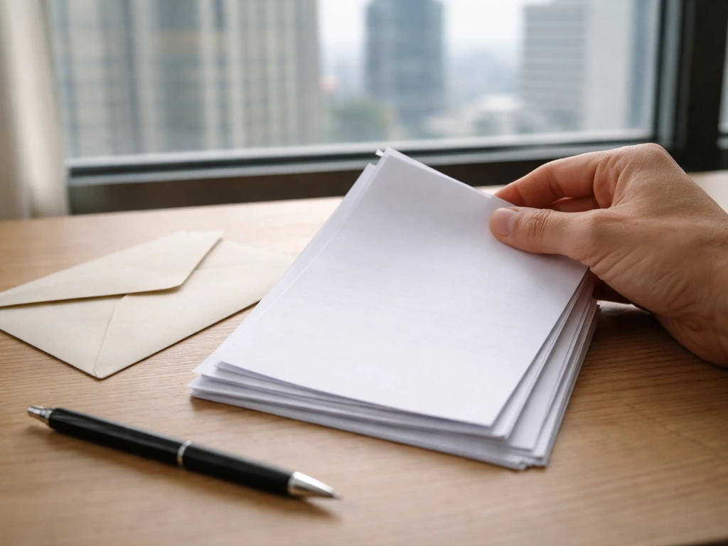 Hand reviews unlabeled documents on a desk with pen and envelope, suggesting verifying information.