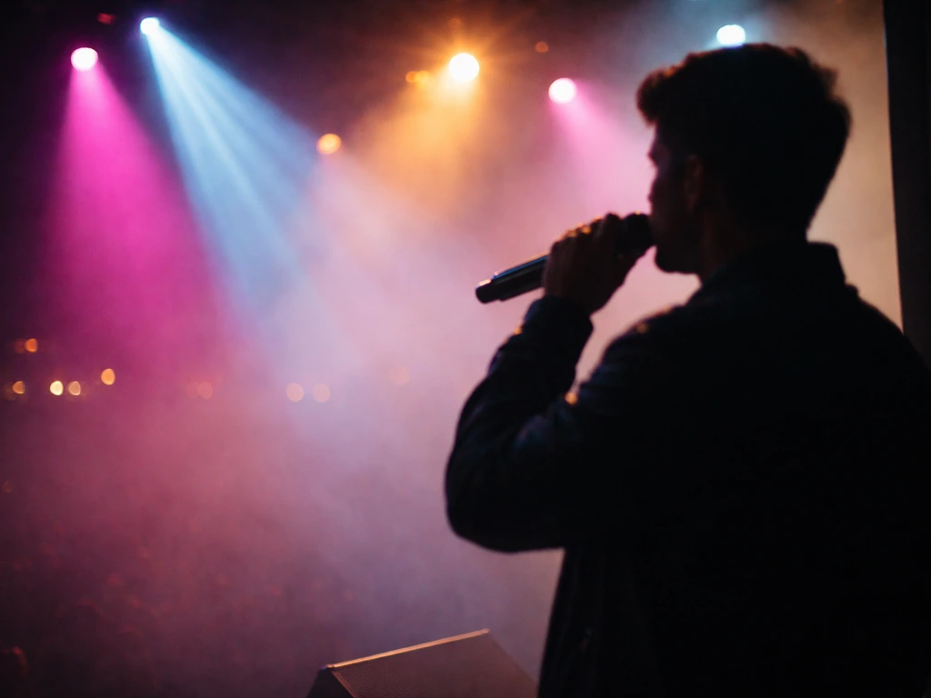 Vibrant stage lights and a blurred silhouette of a solo pop performer holding a mic, evoking a singer