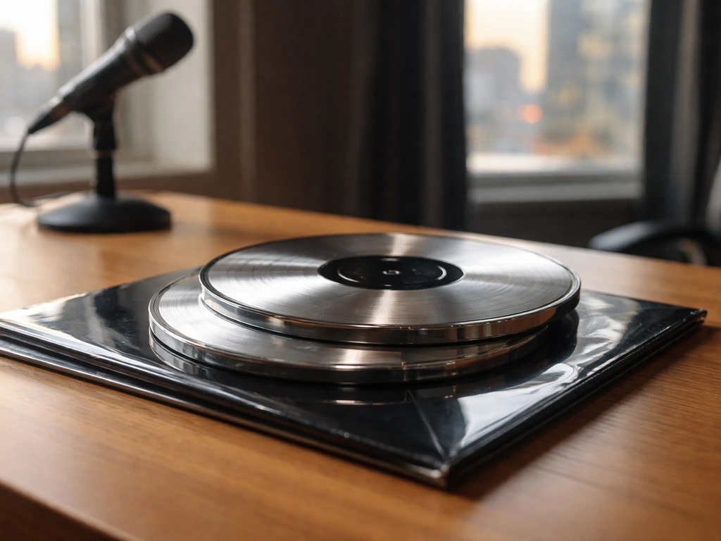 Close-up of platinum-style music awards and a record sleeve on a studio desk, with blurred microphone behind.