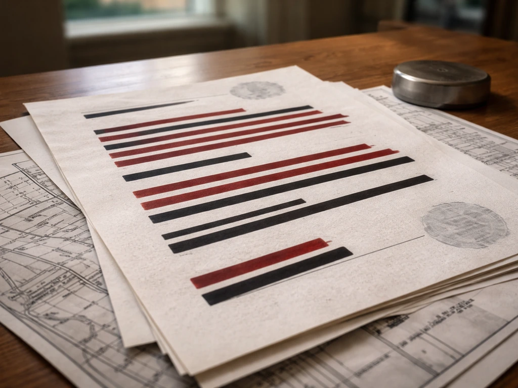 Redacted close-up of Brooklyn municipal zoning documents on a meeting table with a city map excerpt