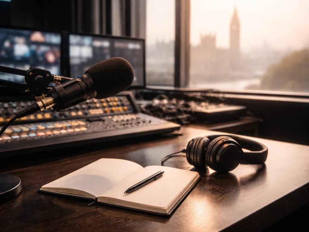 London TV studio desk with broadcast microphone, headphones, and city haze through a window.