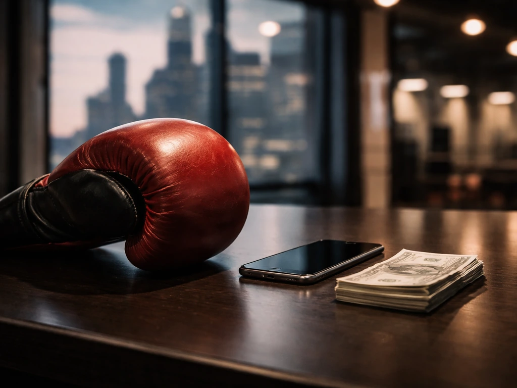 A heavyweight boxing glove on a desk with money and a phone, evoking wealth and public boxing profile searches.