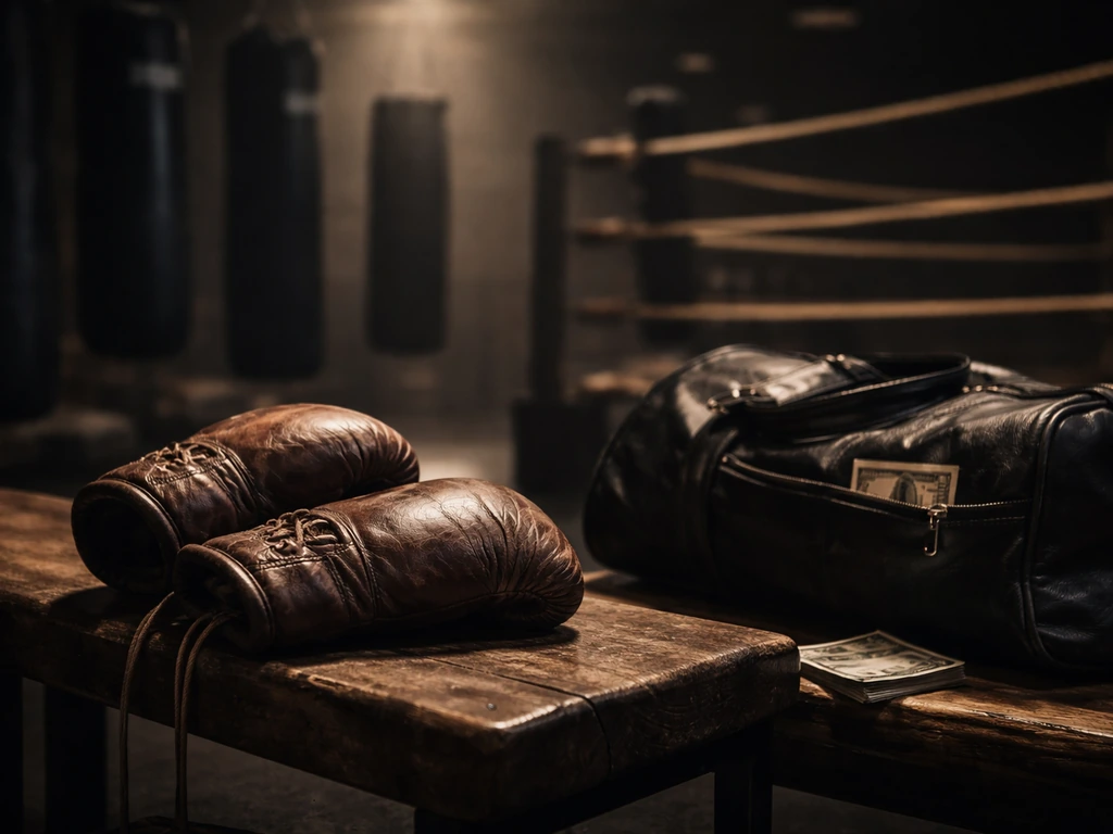 Title-bout style boxing gym scene with a pair of gloves and a dim spotlight, symbolizing fight purses