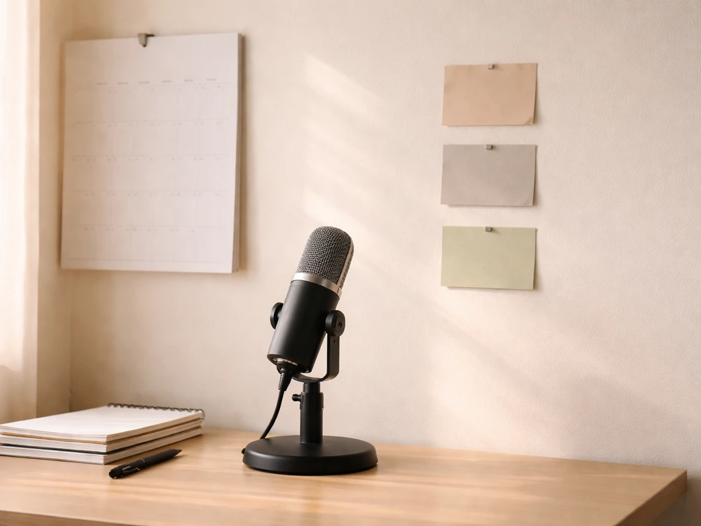 Minimal studio scene with a microphone and a calendar-like wall layout symbolizing career phases building earnings