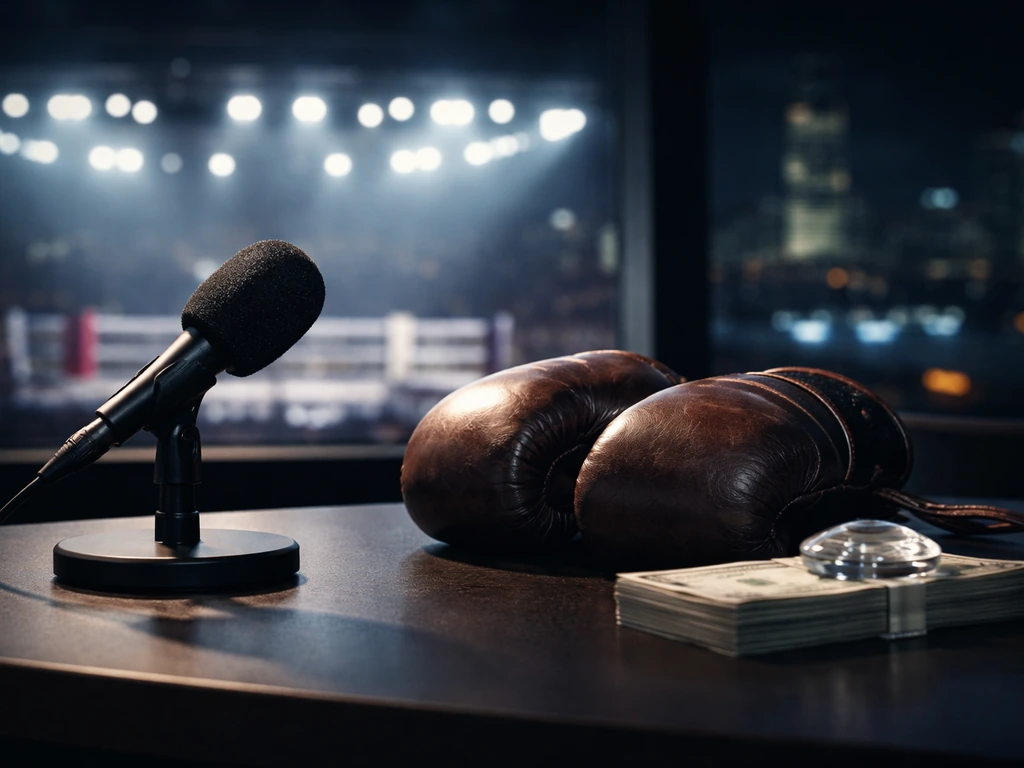 Anonymous boxing media desk with microphone, gloves, and money—symbolic context for fighter value comparison.