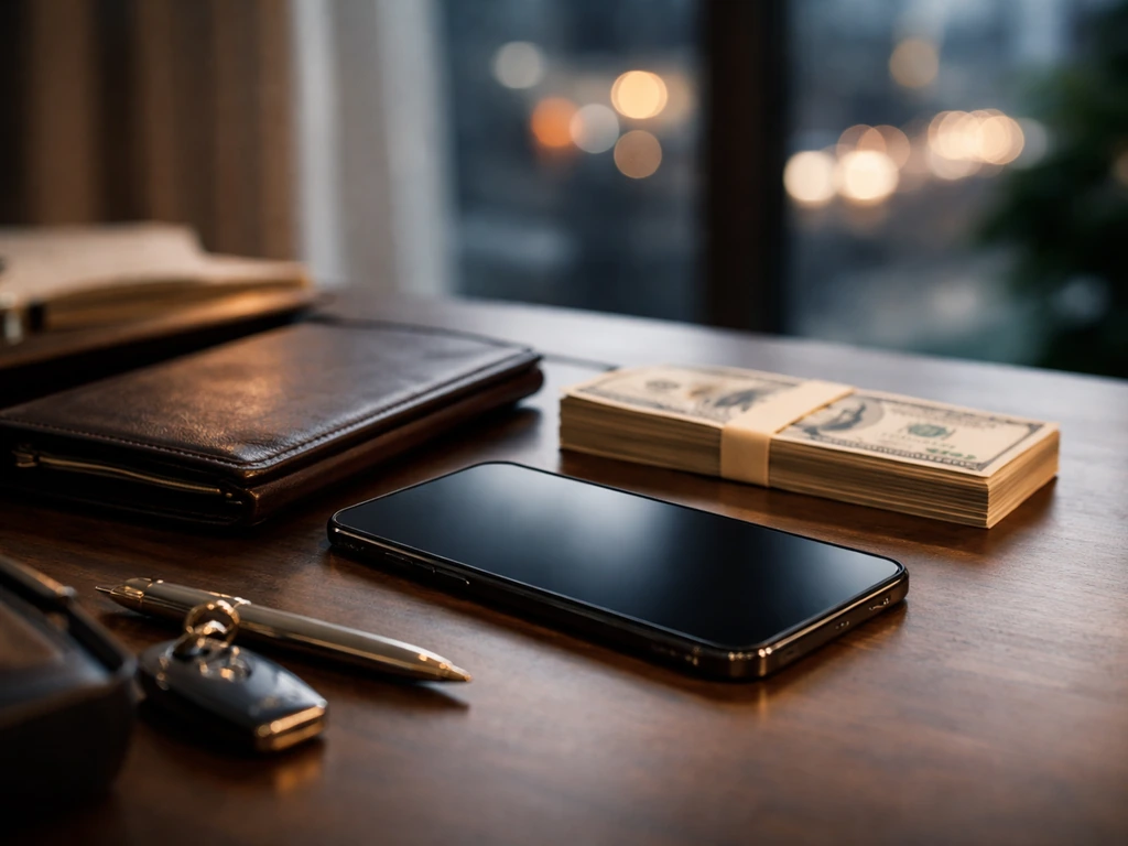 Minimal photo of a luxury desk with a smartphone showing muted social media glow and a folded cash bundle