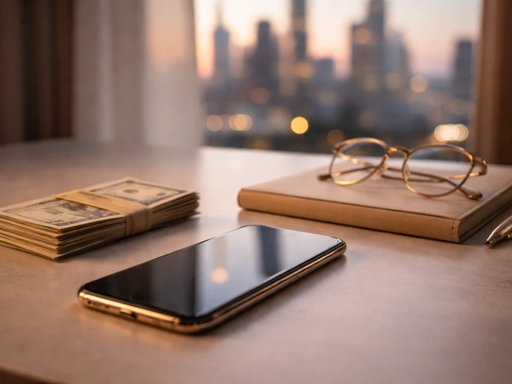 Minimal luxury desk with smartphone and cash envelopes beside a softly blurred city skyline at dusk.