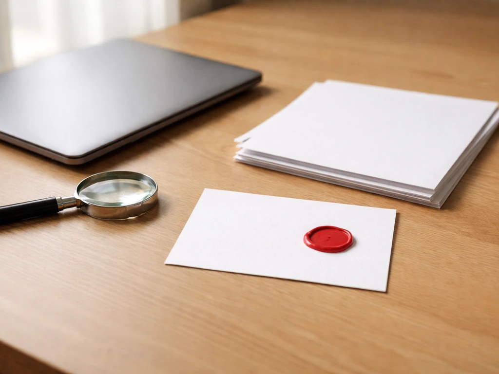 Minimal photo of a desk with a closed laptop, scattered documents, and a red checkmark stamp on a blank card