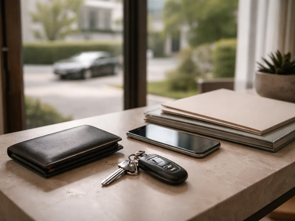 Minimal luxury home entry scene with keys, wallet, and phone, hinting at assets and lifestyle signals.