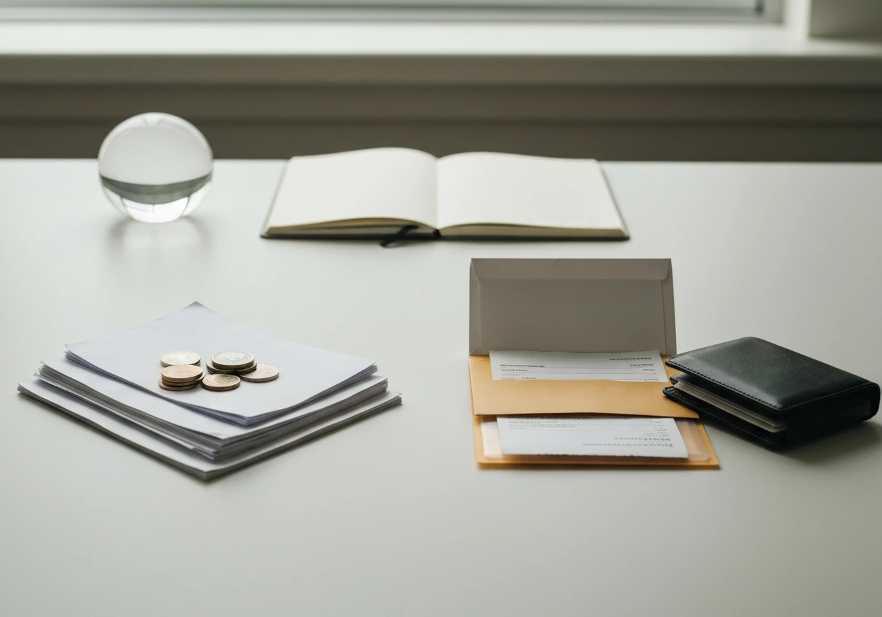 Desk scene showing two piles of documents and money, symbolizing gross assets vs debts reducing net estate.