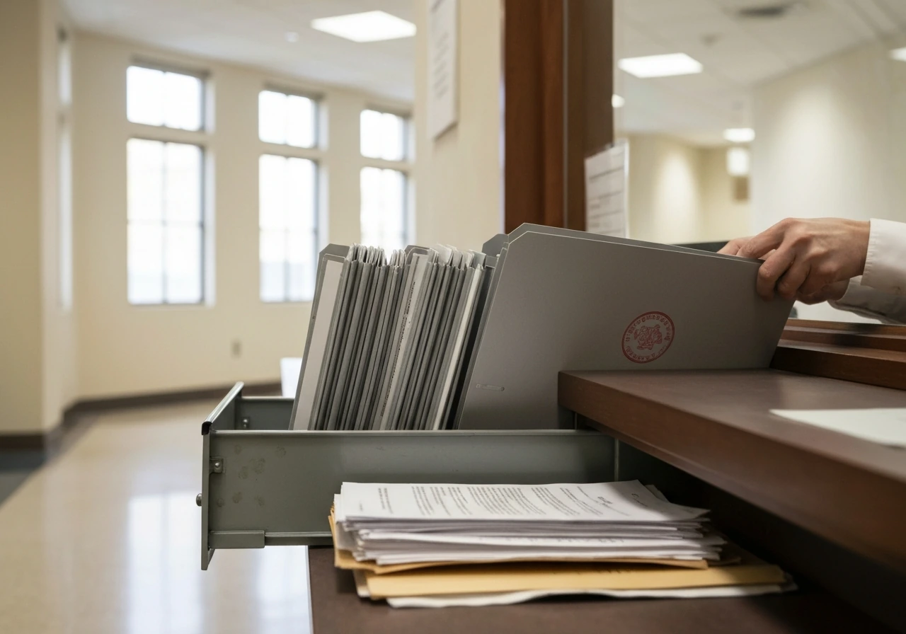 Close-up of courthouse probate file folders on a records counter, showing documents for estate lookup.
