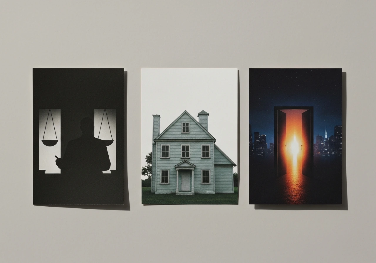 Three overlapping cinematic poster panels representing Witness, The Money Pit, and Die Hard.