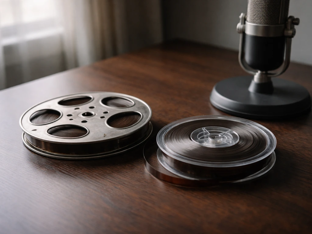 Vintage film reel and magnetic tape on a desk, suggesting reusable media residuals and royalties.