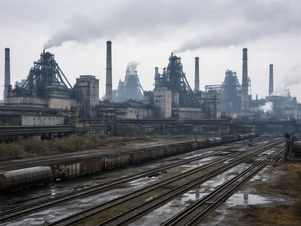 Wide view of a large steelworks facility near Lipetsk with smokestacks, rail lines, and industrial buildings.