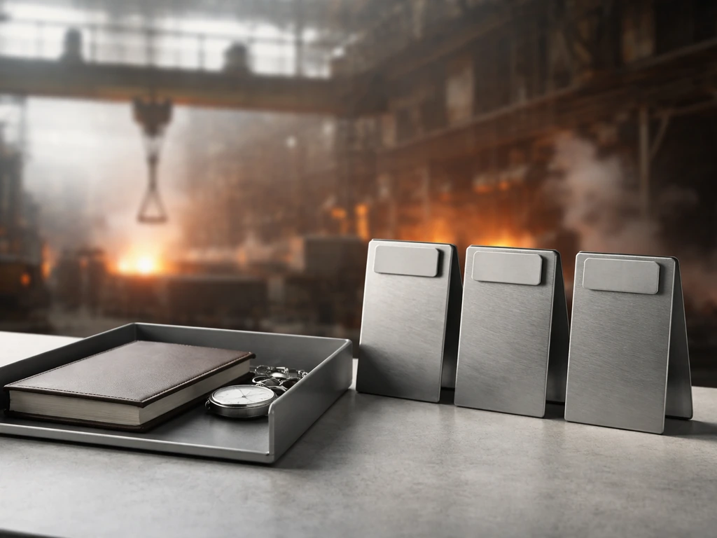 Minimal desk scene with steel mill backdrop, suggesting an ownership timeline without text.