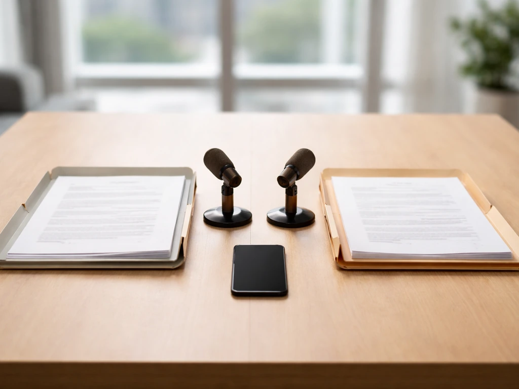 Minimal office desk with two unlabeled document stacks and microphones, symbolizing source verification for net worth.