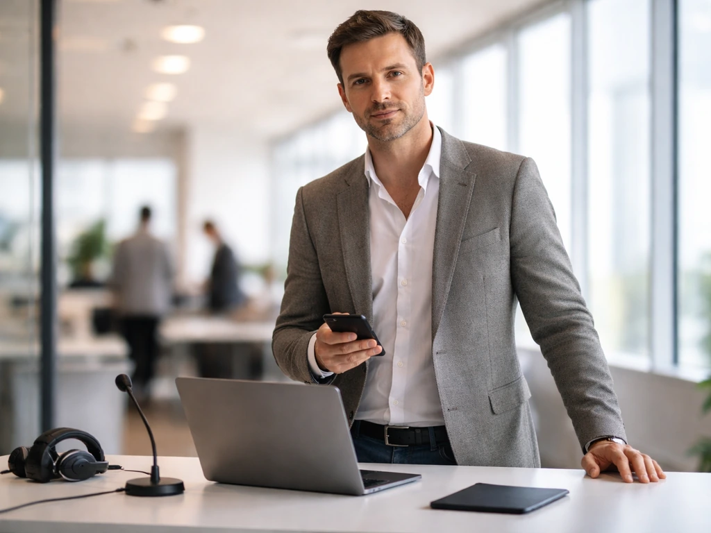 Anonymous tech executive in a modern office with a laptop, headset, and microphone, suggesting a CTO role