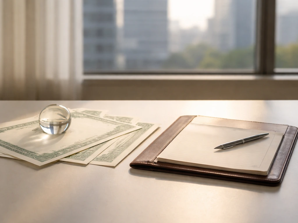 Minimal desk scene with an open leather portfolio and unbranded certificate blanks suggesting equity wealth.