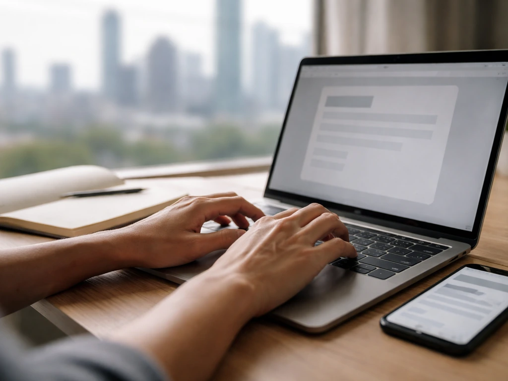 Hands reviewing a laptop and phone showing a generic web page silhouette for SEC record checking.