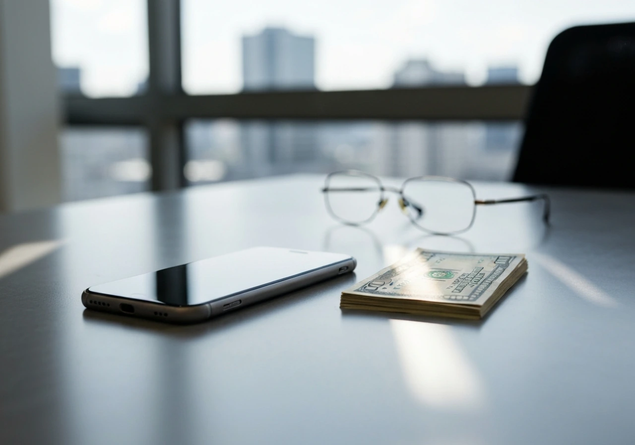 Close-up of smartphone, dollar bills, and glasses on a desk in a bright office, no people.