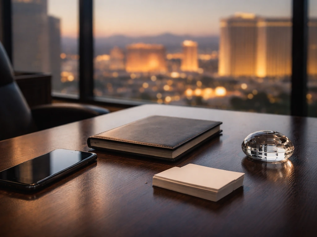Modern office desk with a sleek smartphone and blurred skyline view suggesting corporate wealth leadership