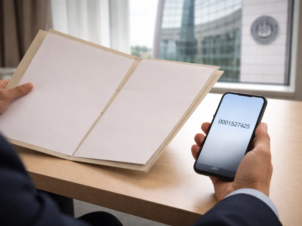 Minimal desk scene with an anonymous executive reviewing documents and a reference number detail for identity verificati