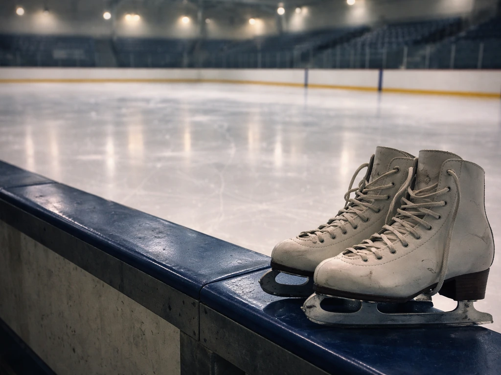 An ice rink scene with empty boards and skate marks, evoking a Russian coaching pair’s skating legacy.