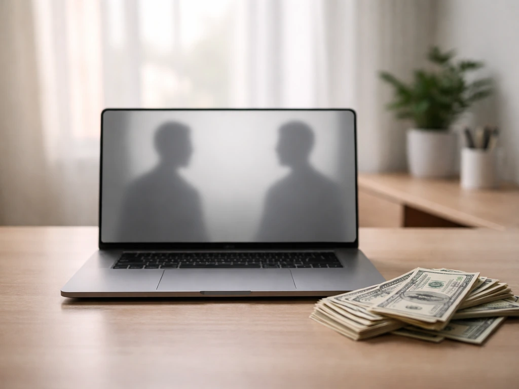 Minimal desk scene with scattered cash and two blurred profile silhouettes reflected in a laptop screen, symbolizing est