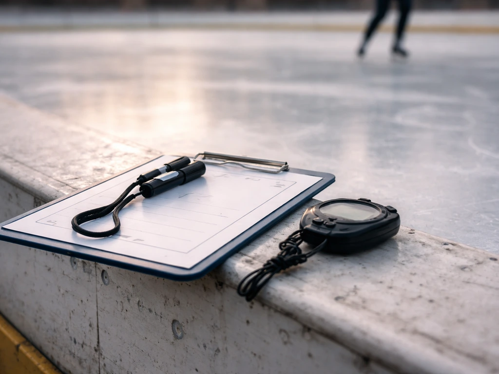 Close-up of figure skating coaching tools on a rink edge with ice in soft focus