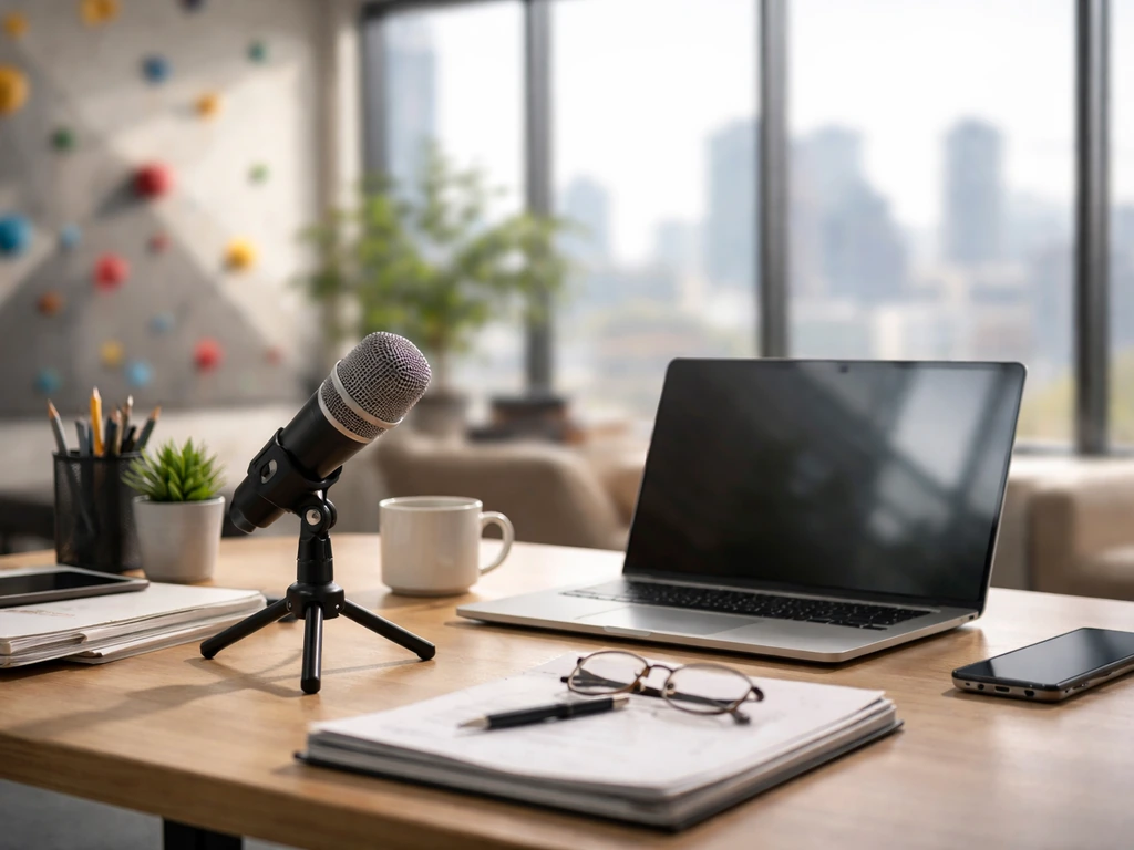 Minimal office desk with microphone and laptop near a window, suggesting business/media analysis.