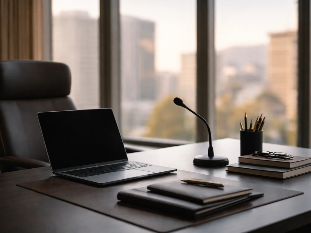 Minimal modern office desk setup with laptop and microphone, warm light through Sofia windows, no people.