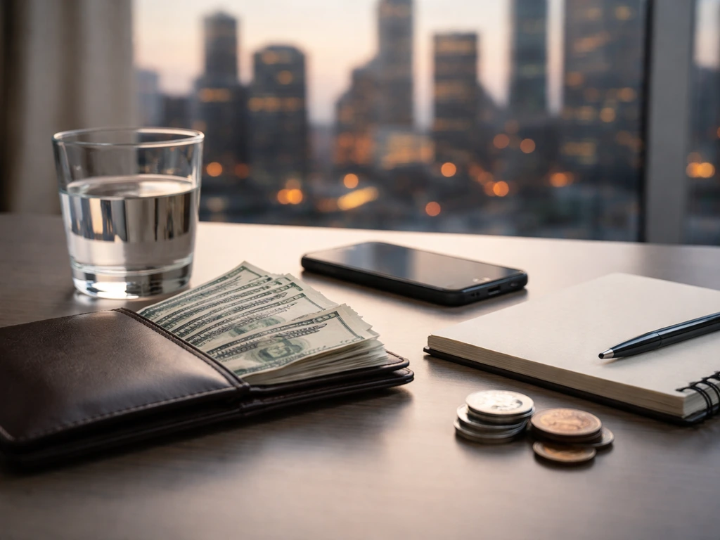 Minimal desk scene with a wallet, cash, coins, and blurred city lights suggesting financial estimates.