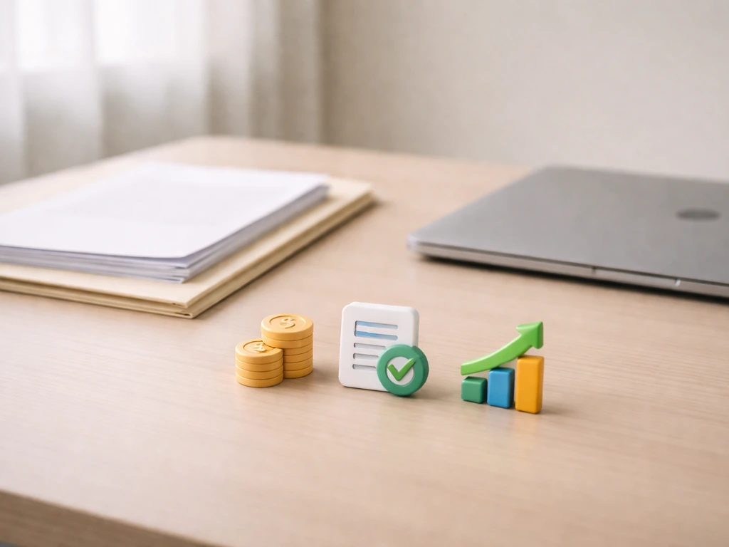 Minimal desk scene with neatly stacked corporate filing papers and a small set of finance icons