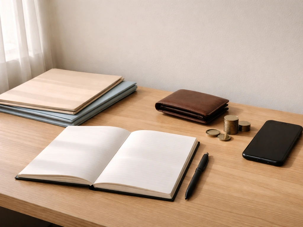 Minimal home office desk with wallet and coins symbolizing net worth assets vs liabilities.