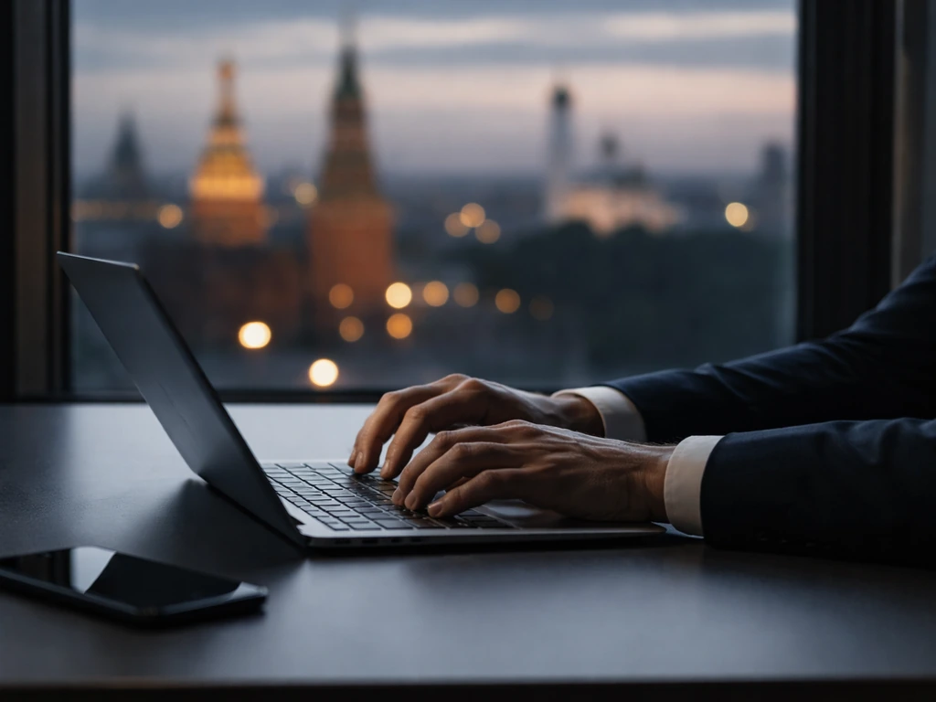 Close-up of a hands-on keyboard and a dim office desk with a blurred city skyline, suggesting political influence