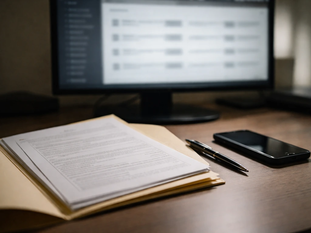 Office desk with a blank regulatory document and blurred sanctions-style listing interface on a monitor.
