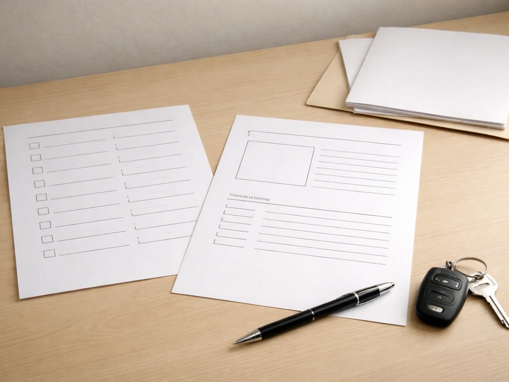Open generic disclosure form on a desk with pen and car keys, showing blank asset fields.
