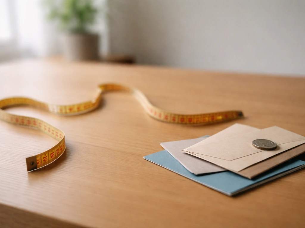 Close-up of a desk with scattered money envelopes and a ruler-like scale symbolizing wide estimate ranges.