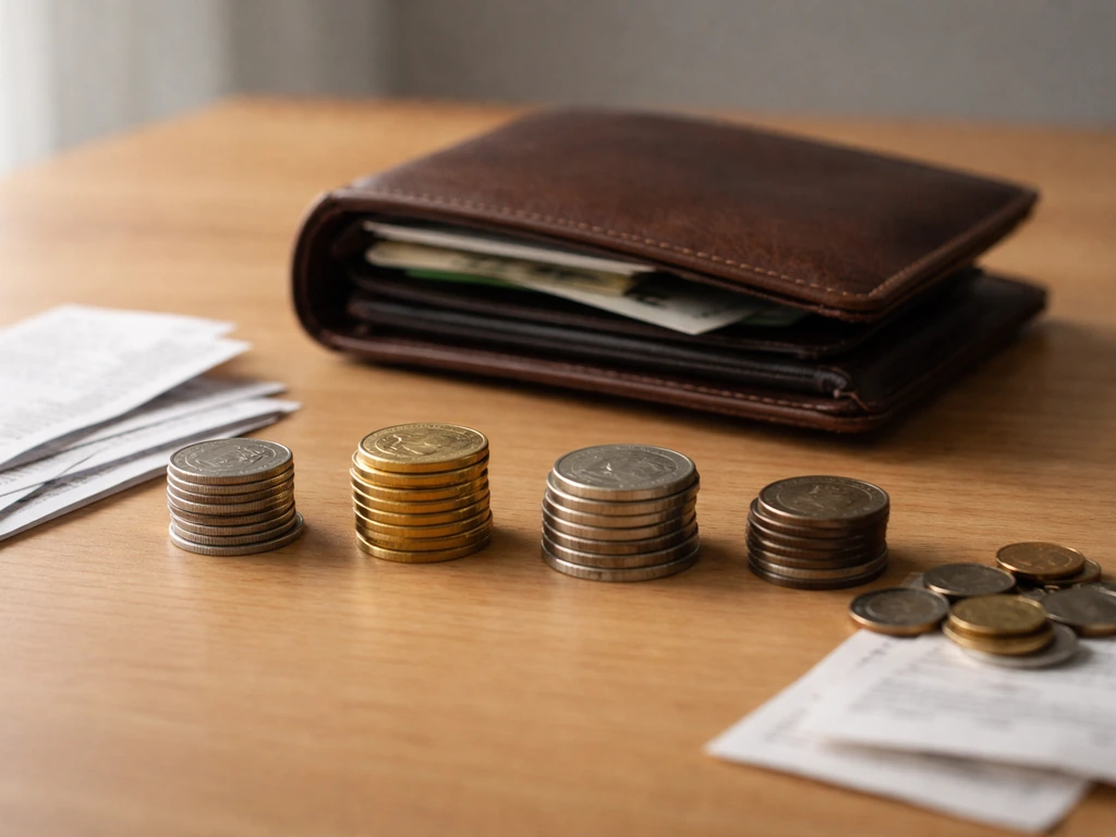 Coins and receipts arranged around an open wallet to symbolize multiple music income sources.