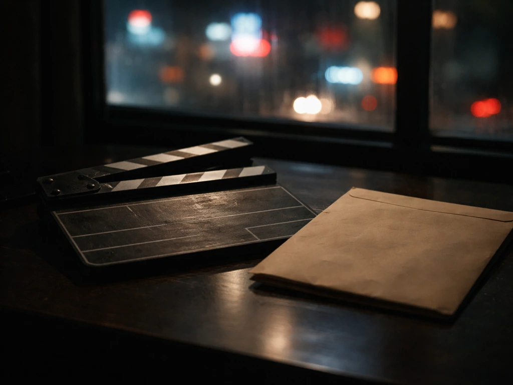 Moody desk scene with a film clapperboard and a manila envelope representing movie sync licensing.